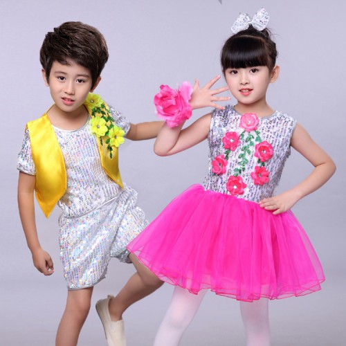 Yellow fuchsia turquoise sequined flowers glitter fashion girl's boy's school modern dance jazz singers dancers jazz host dancing outfits dresses